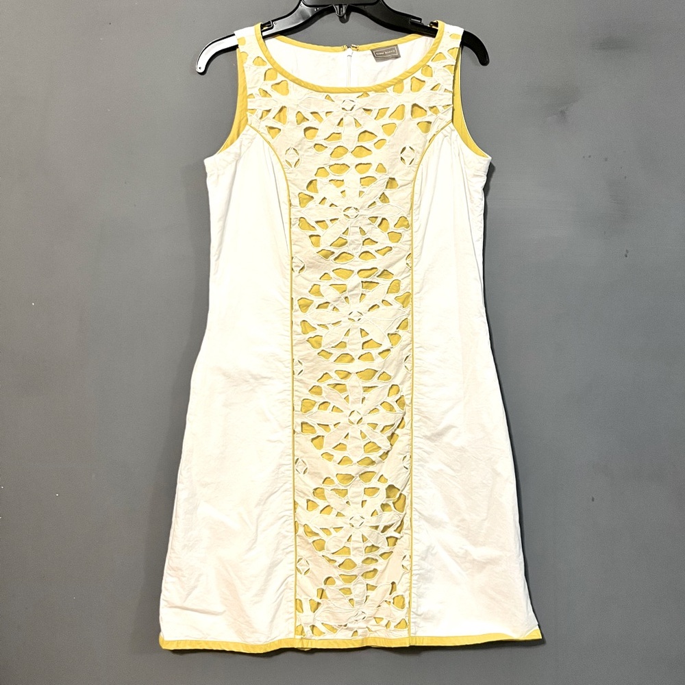Sabby Anand White 100% Cotton Sleeveless Dress Daisy Yellow Cutout Floral Design